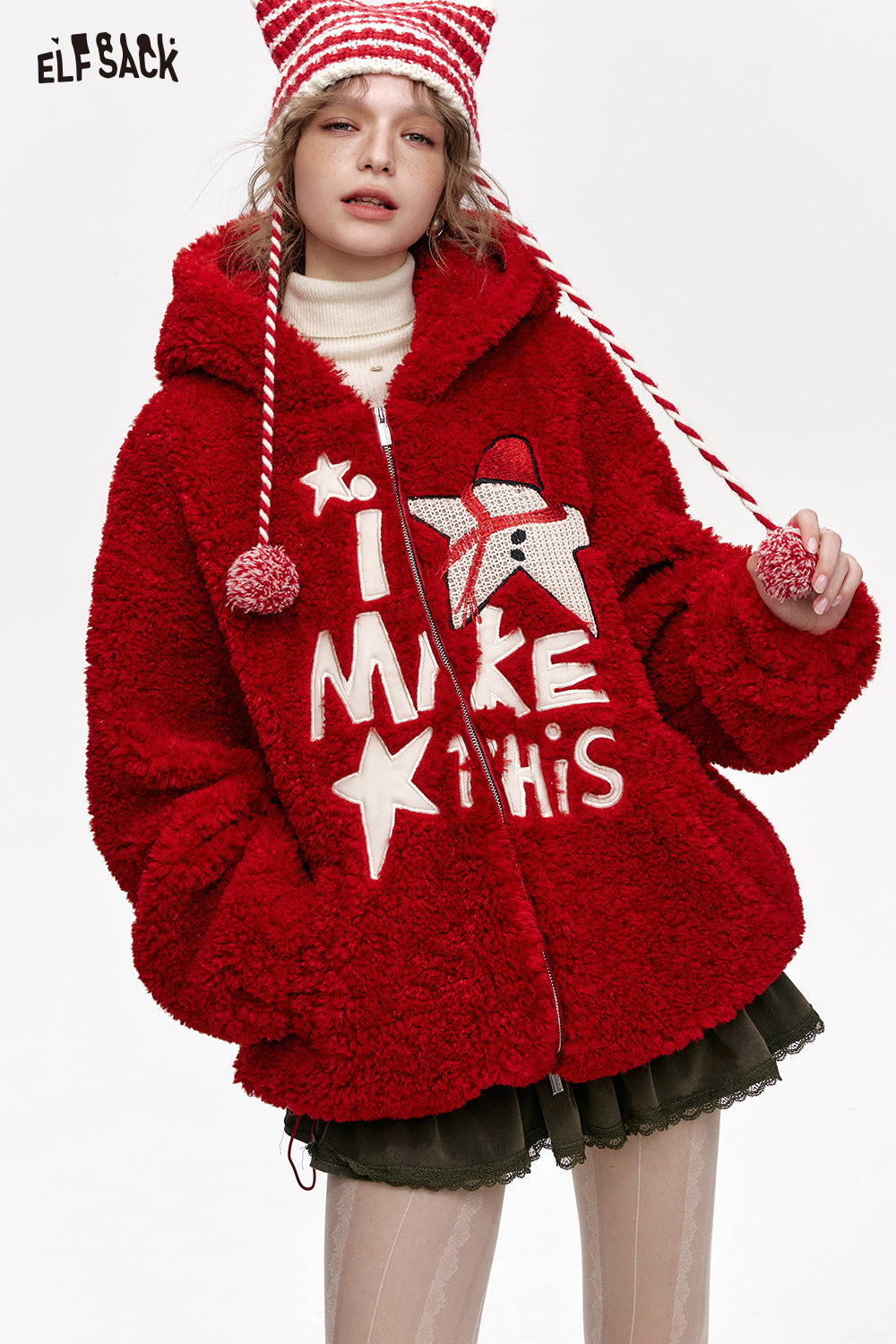 ELFSACK Plush Red Star Letters Hooded Short Jacket Women