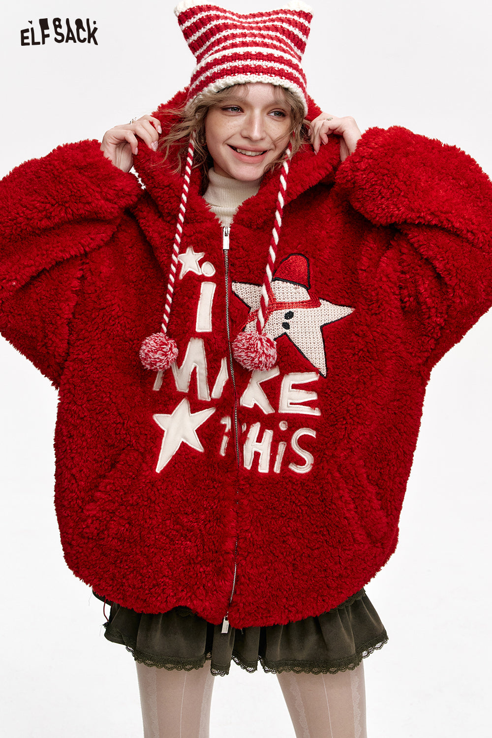 ELFSACK Plush Red Star Letters Hooded Short Jacket Women