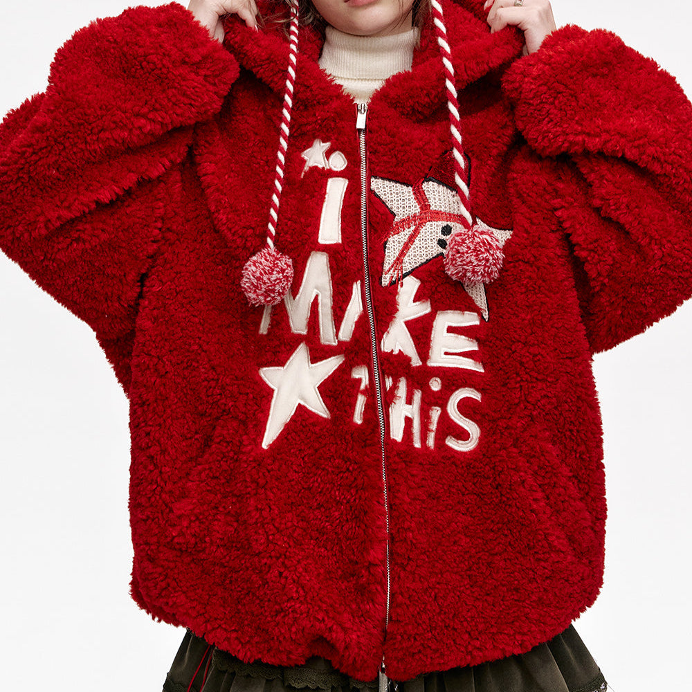 
                  
                    ELFSACK 2024 Winter New Arrivals Plush Red Star Letters Hooded Short Jacket Women
                  
                