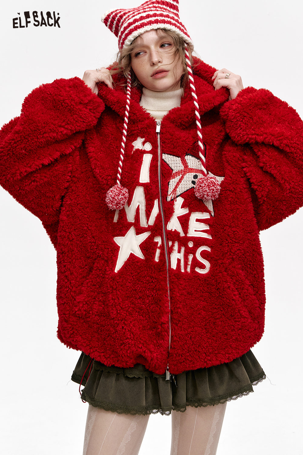 ELFSACK Plush Red Star Letters Hooded Short Jacket Women
