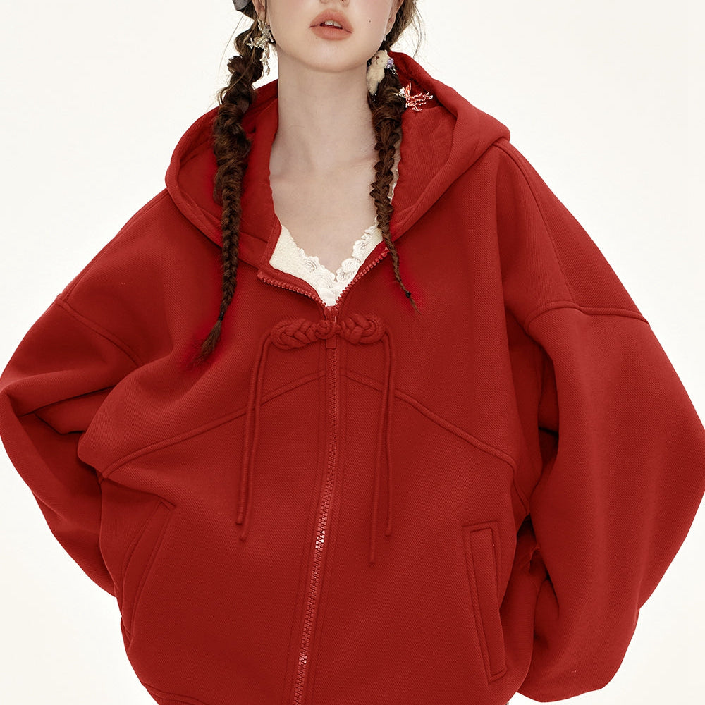 ELFSACK 2024 Winter New Arrivals neo-Chinese style button red hooded sweatshirt cardigan women