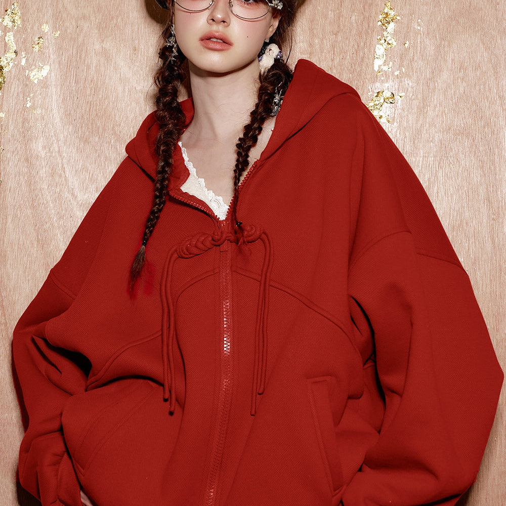 ELFSACK 2024 Winter New Arrivals neo-Chinese style button red hooded sweatshirt cardigan women