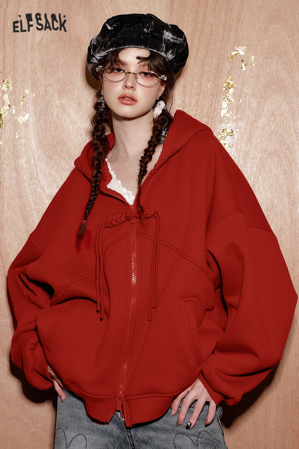 ELFSACK neo-Chinese style button red hooded sweatshirt cardigan women
