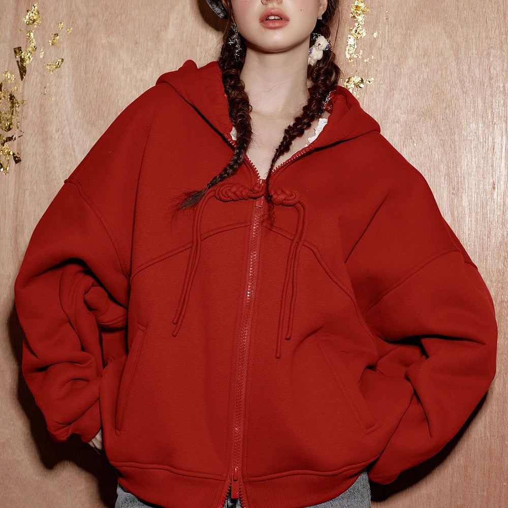 
                  
                    ELFSACK 2024 Winter New Arrivals neo-Chinese style button red hooded sweatshirt cardigan women
                  
                