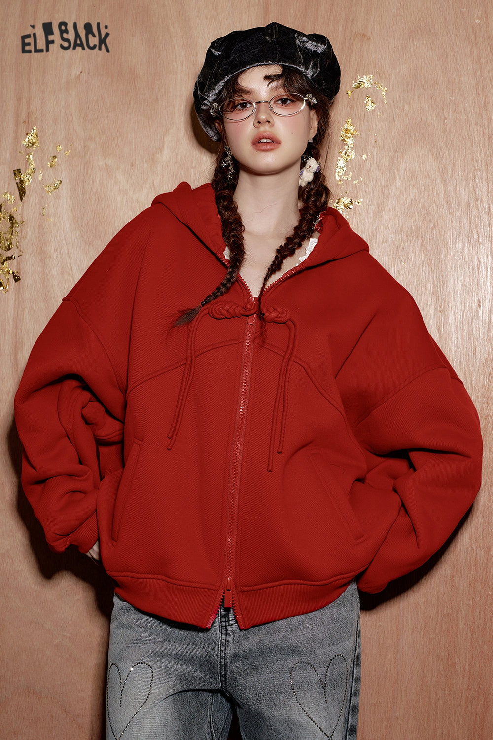 ELFSACK neo-Chinese style button red hooded sweatshirt cardigan women