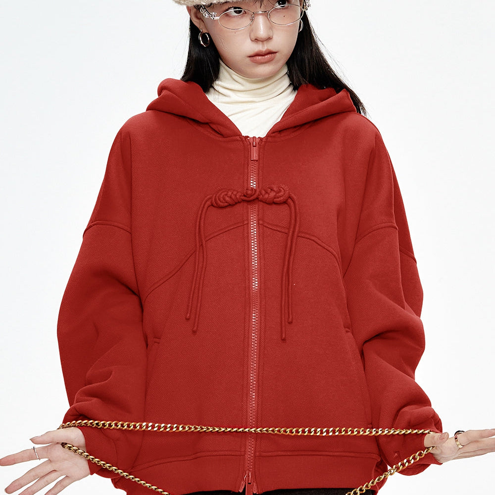 
                  
                    ELFSACK 2024 Winter New Arrivals neo-Chinese style button red hooded sweatshirt cardigan women
                  
                