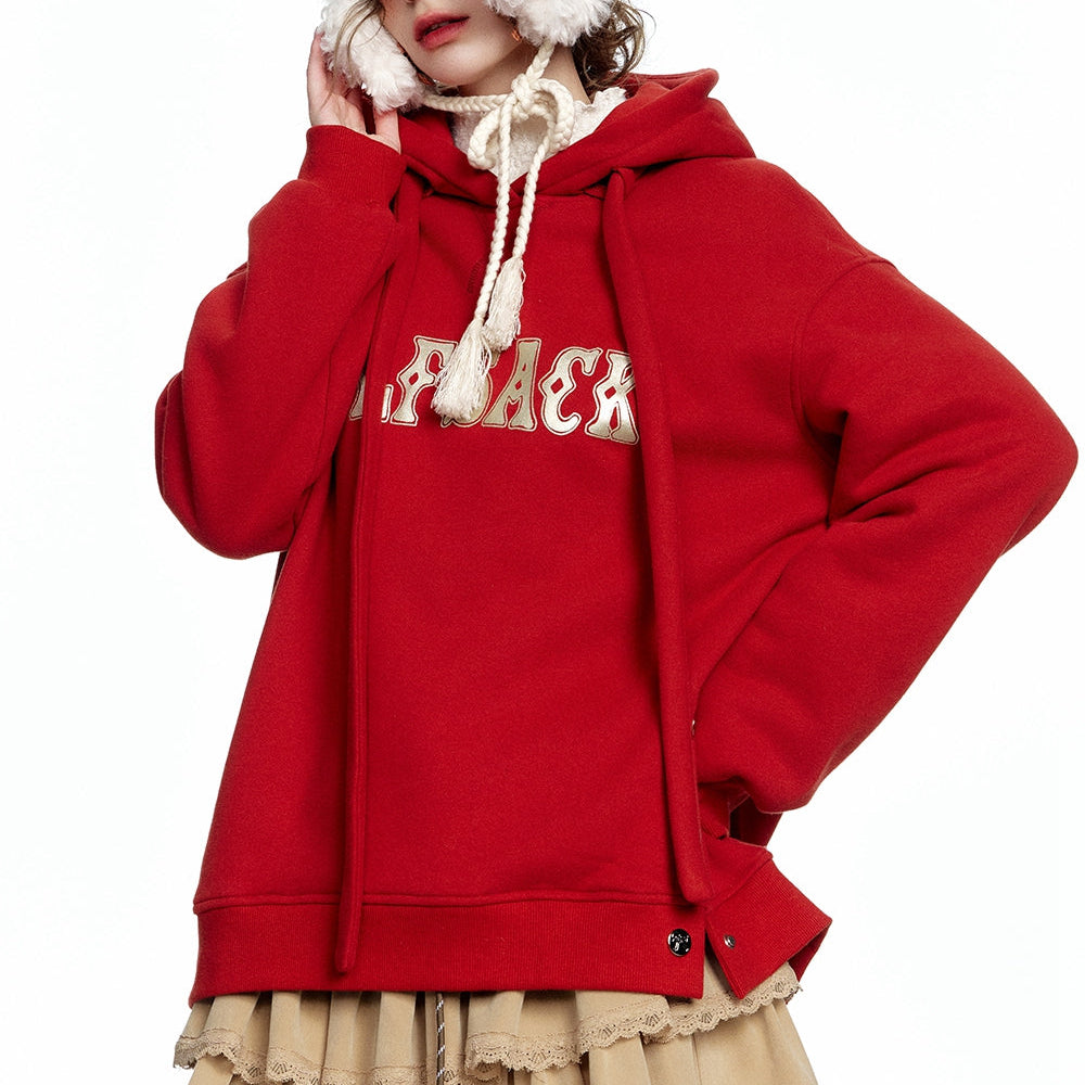 
                  
                    ELFSACK 2024 Winter New Arrivals Casual Red Letter Slit Plush Hoodie for Women
                  
                