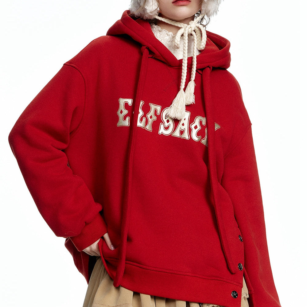 
                  
                    ELFSACK 2024 Winter New Arrivals Casual Red Letter Slit Plush Hoodie for Women
                  
                