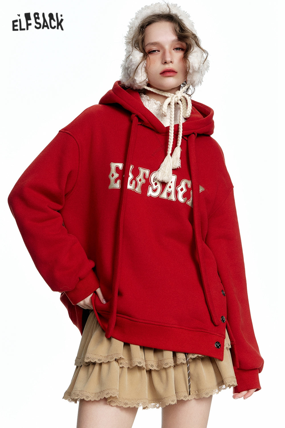 ELFSACK Casual Red Letter Slit Plush Hoodie