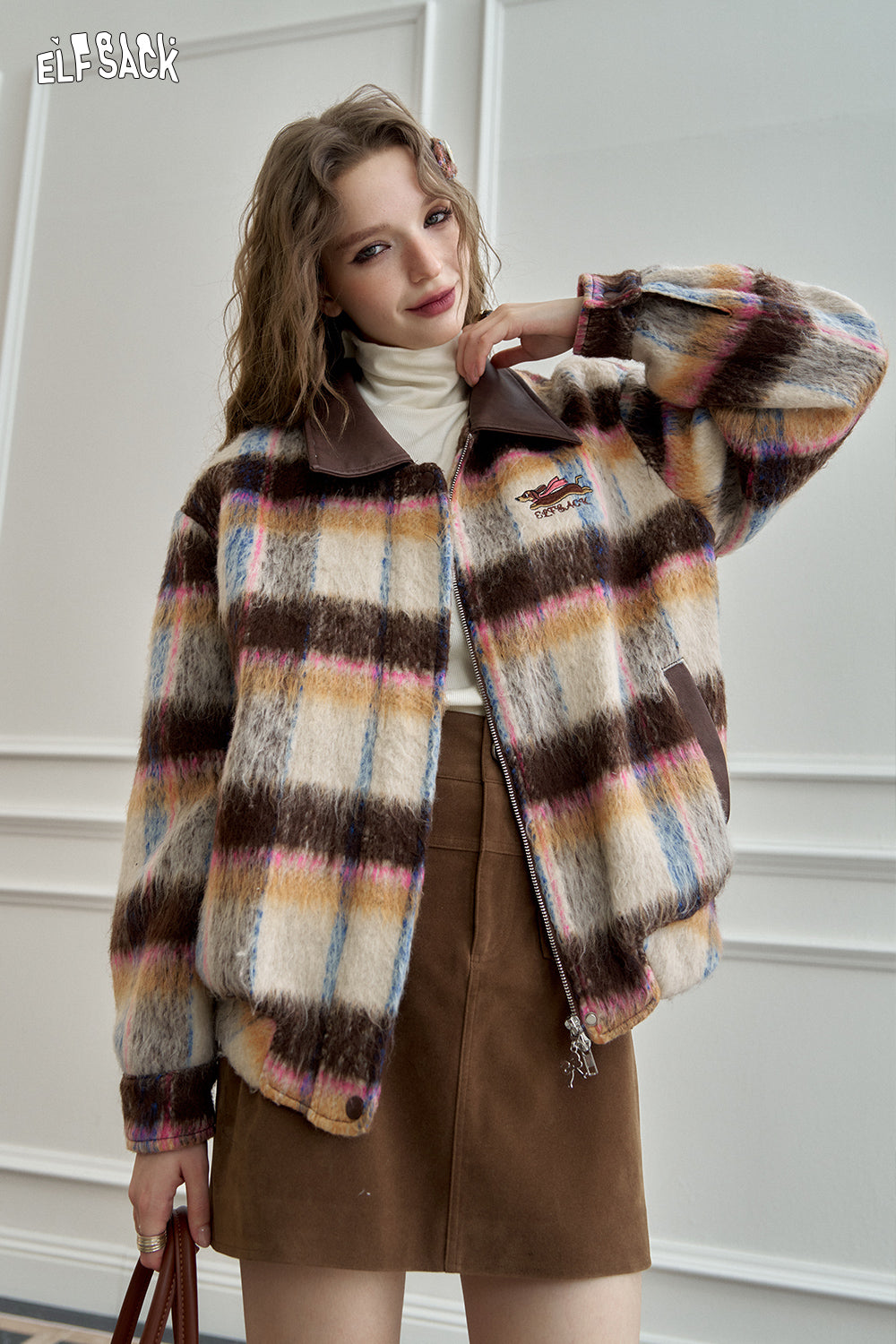 ELFSACK Retro plaid PU patchwork plush jacket, Preppy Style jacket
