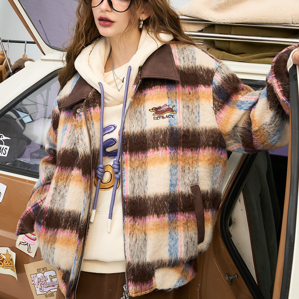 ELFSACK 2024 Winter New Arrivals Retro plaid PU patchwork plush jacket for women, Preppy Style jacket