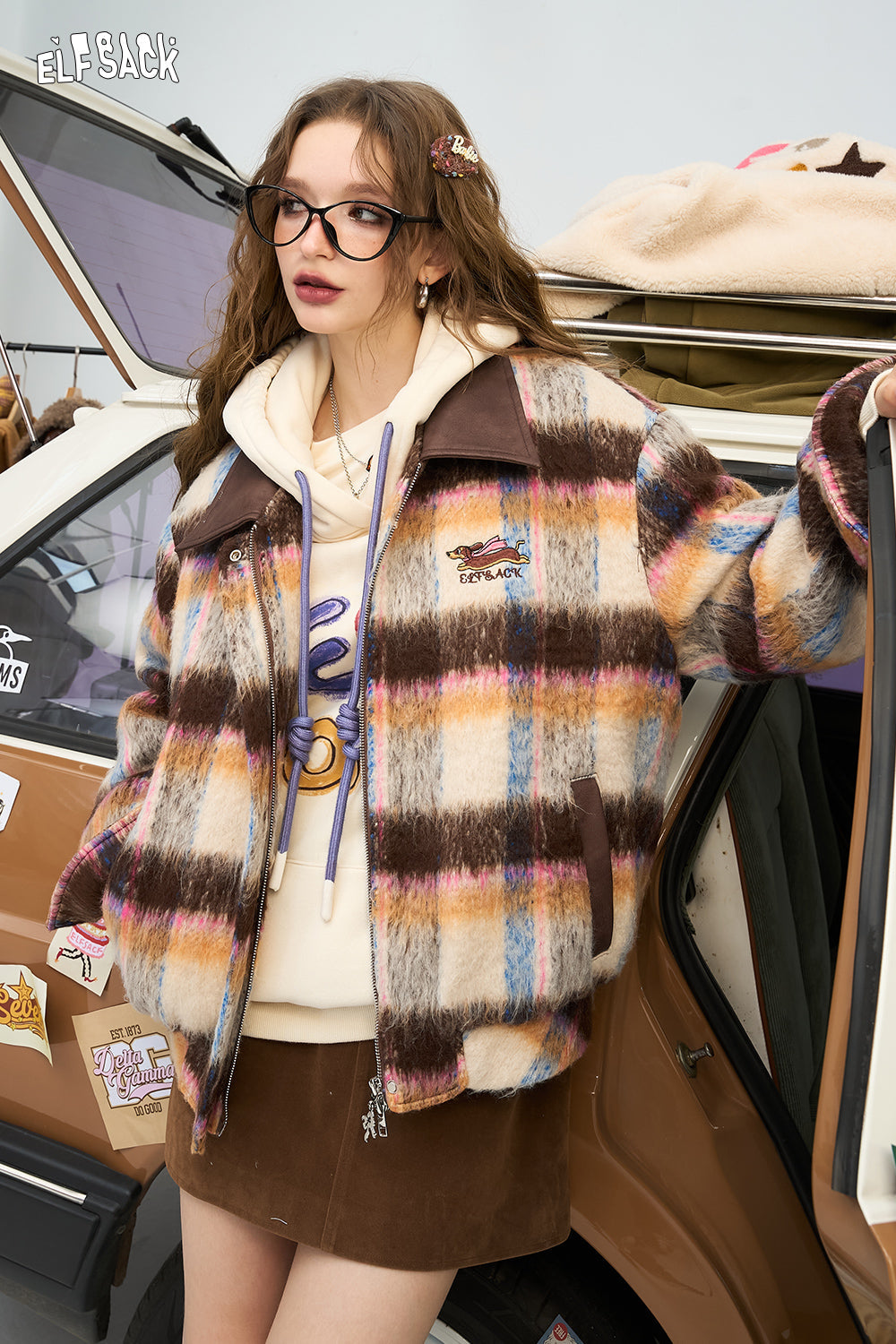 ELFSACK Retro plaid PU patchwork plush jacket, Preppy Style jacket