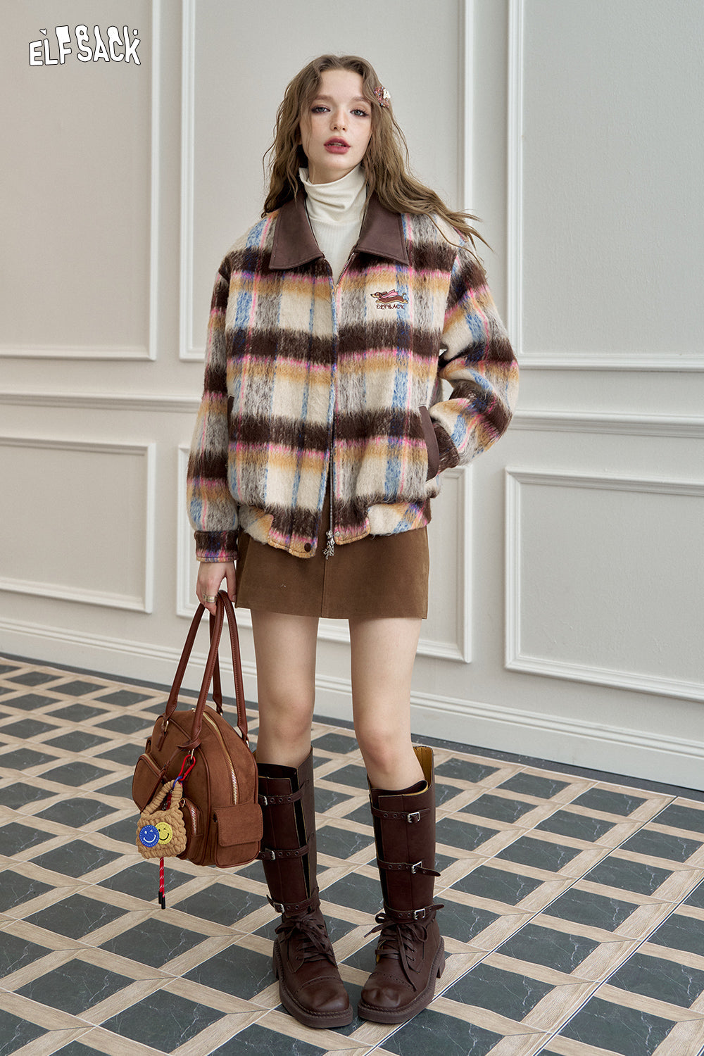 ELFSACK Retro plaid PU patchwork plush jacket, Preppy Style jacket