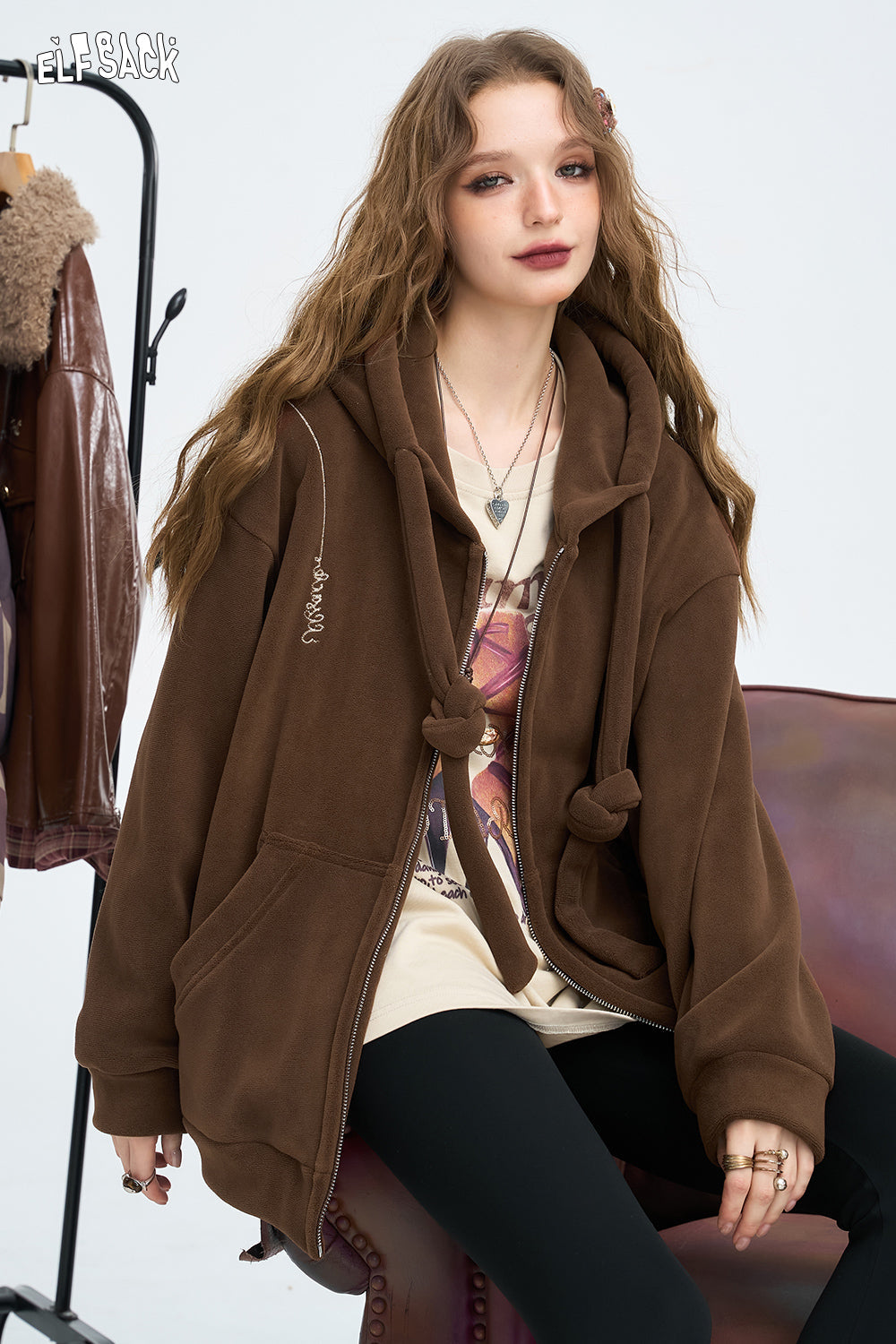 ELFSACK American hooded sweatshirt jacket, women's double-sided velvet creative sticker