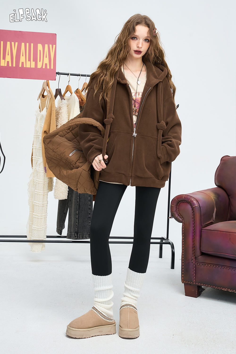 ELFSACK American hooded sweatshirt jacket, women's double-sided velvet creative sticker