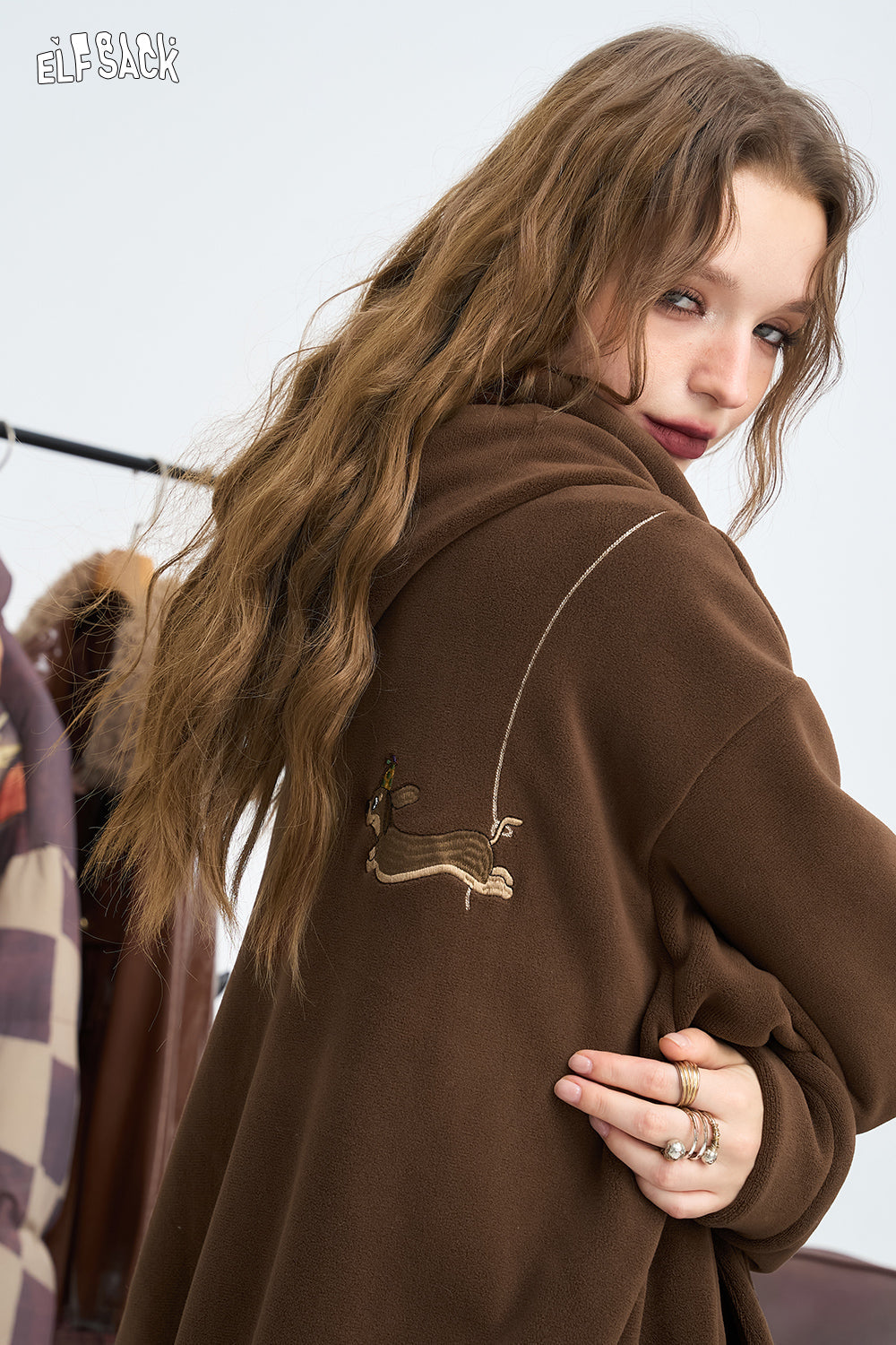ELFSACK American hooded sweatshirt jacket, women's double-sided velvet creative sticker