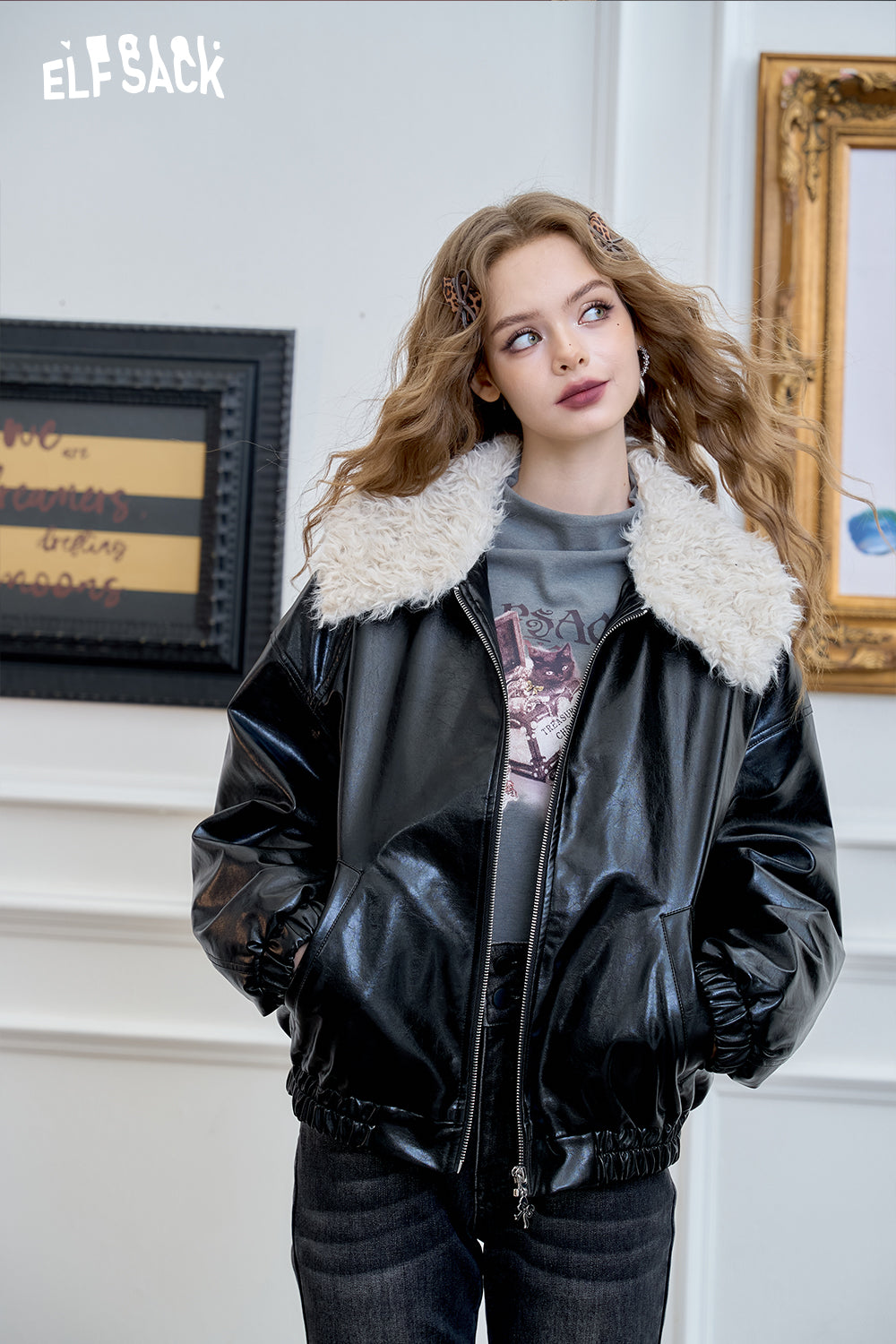 ELFSACK Black shiny leather jacket with plush lapel, sweet cool fashionable retro