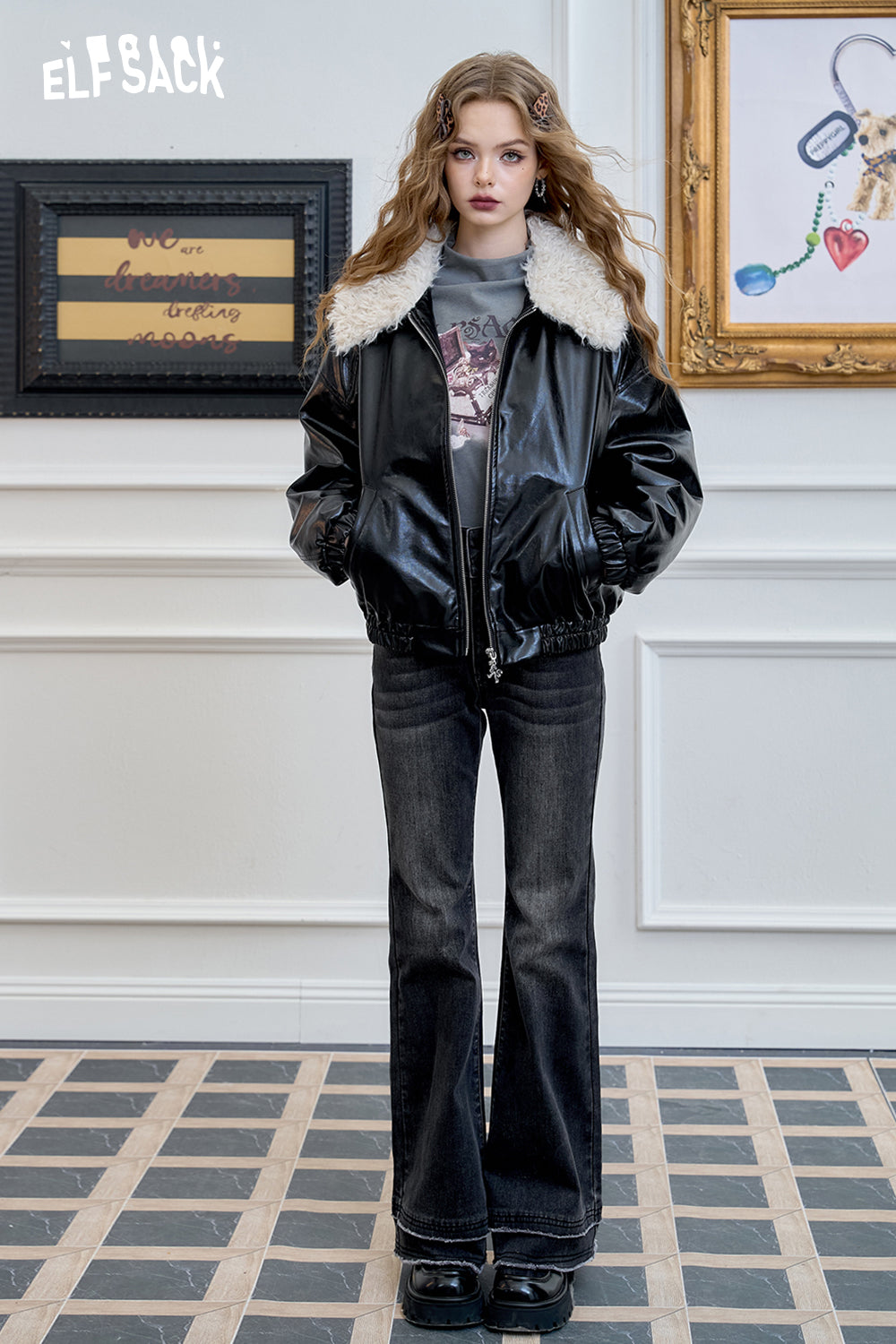 ELFSACK Black shiny leather jacket with plush lapel, sweet cool fashionable retro