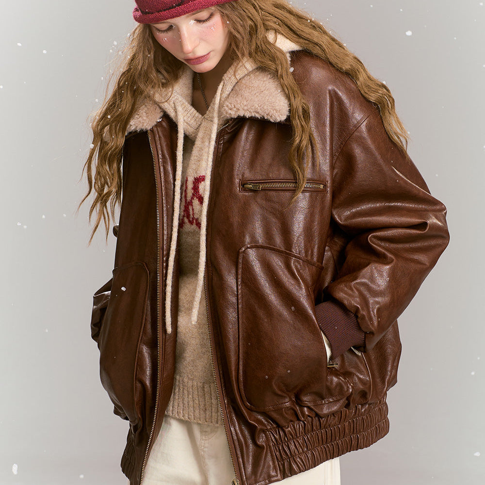 ELFSACK 2024 Winter New Arrivals Vintage brown windproof pu leather jacket