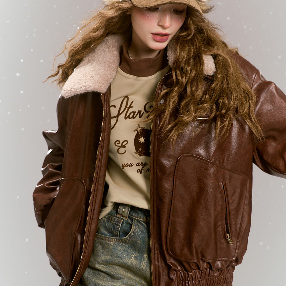 ELFSACK 2024 Winter New Arrivals Vintage brown windproof pu leather jacket