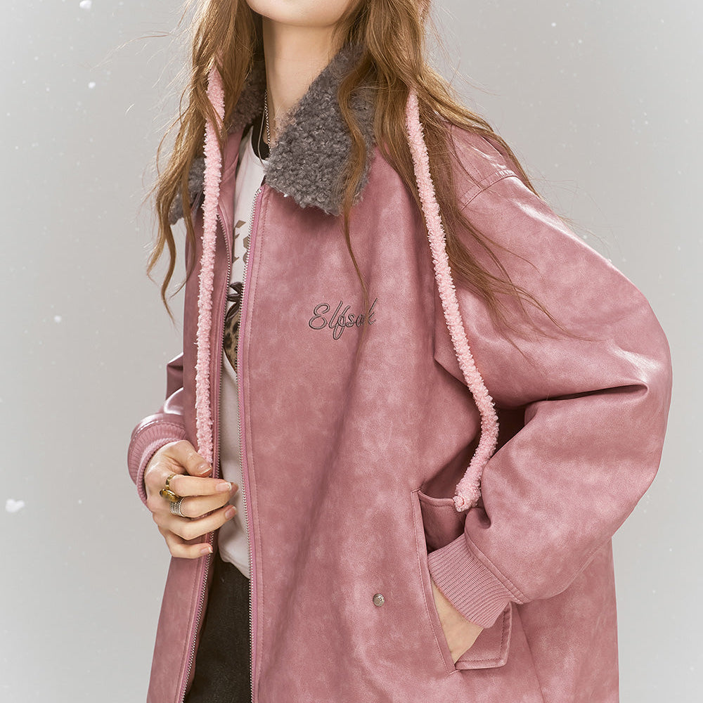 ELFSACK 2024 Winter New Arrivals Sweet and cool pink PU warm jacket faux fur collar contrast color leather jacket