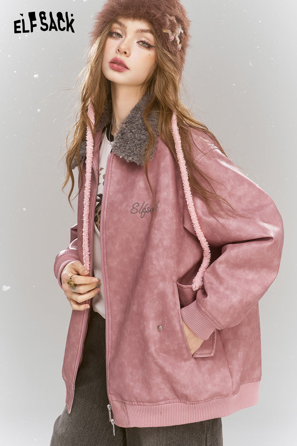 ELFSACK Sweet and cool pink PU warm jacket faux fur collar contrast color leather jacket