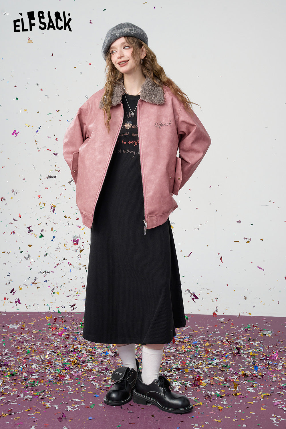 ELFSACK Sweet and cool pink PU warm jacket faux fur collar contrast color leather jacket