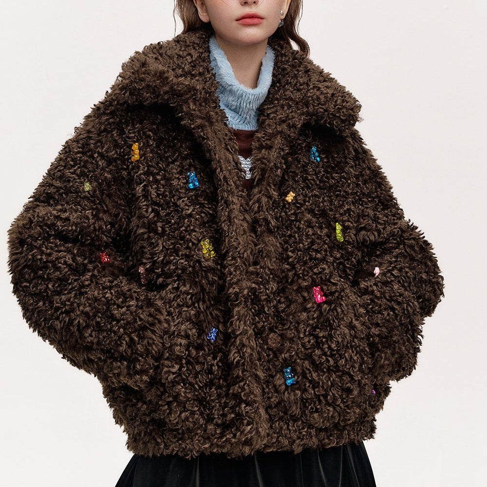 ELFSACK 2024 Winter New Arrivals Sweet and cool colorful bears imitation plush loose thick coat for women