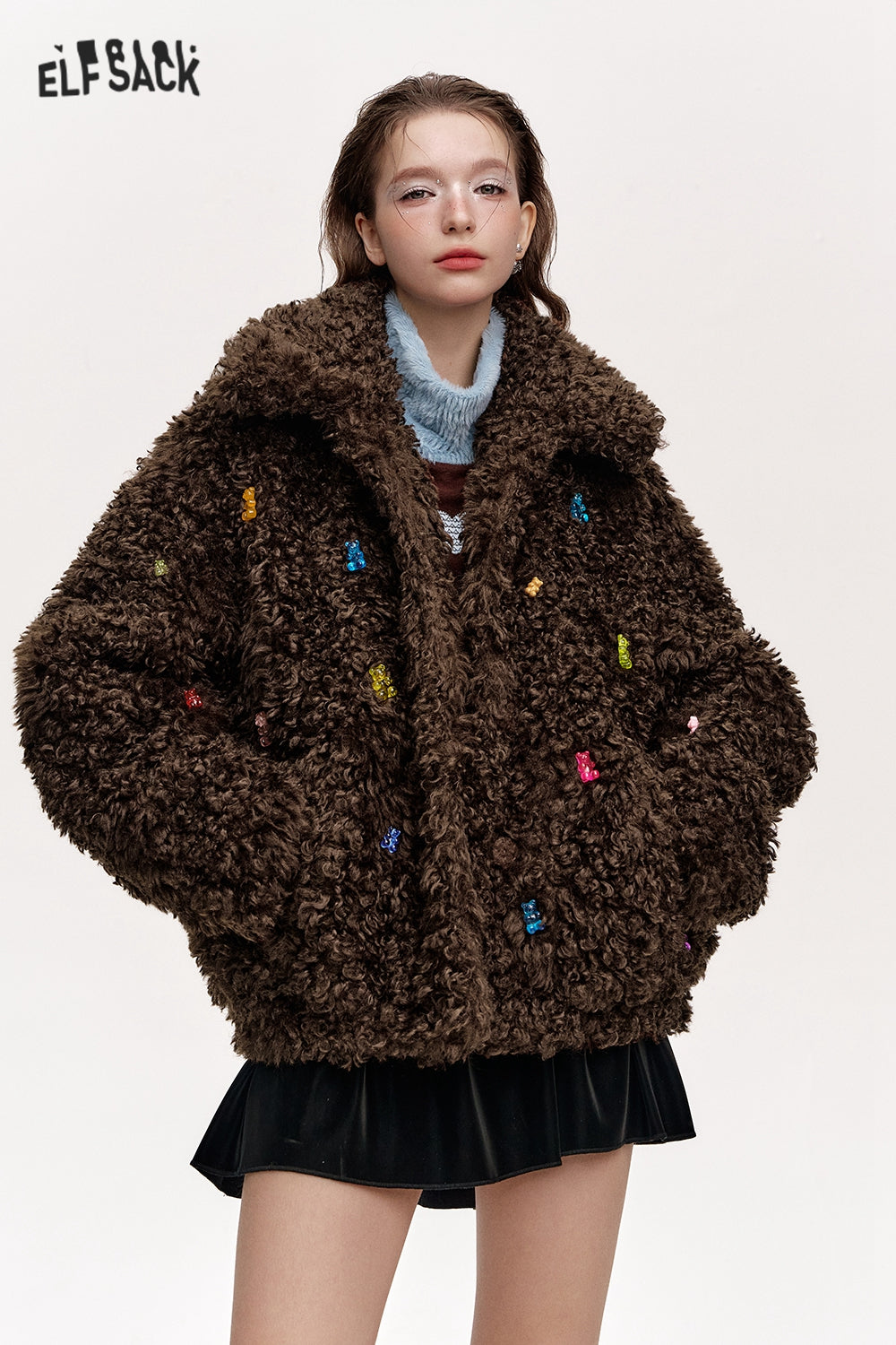 ELFSACK 2024 Winter New Arrivals Sweet and cool colorful bears imitation plush loose thick coat for women