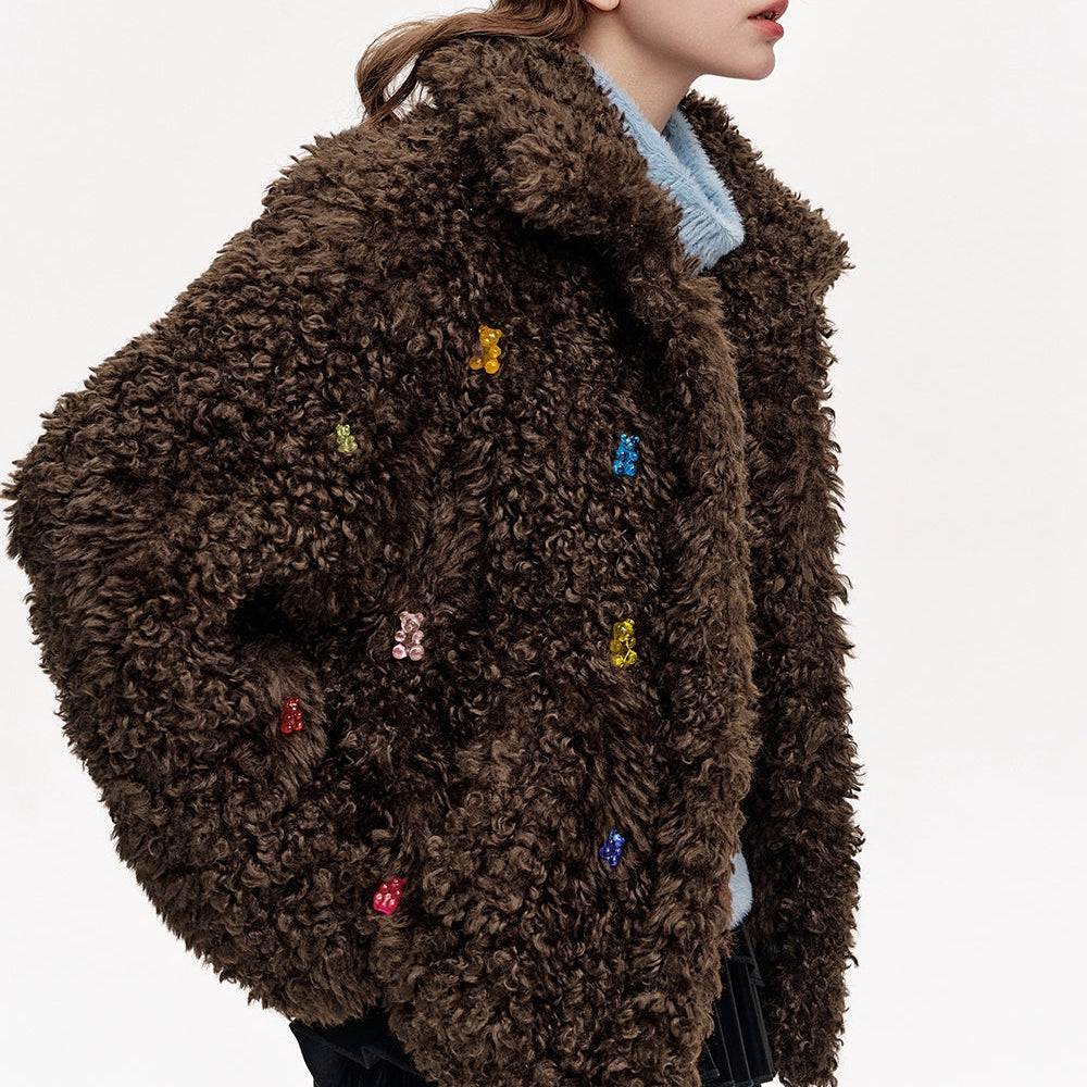 ELFSACK 2024 Winter New Arrivals Sweet and cool colorful bears imitation plush loose thick coat for women