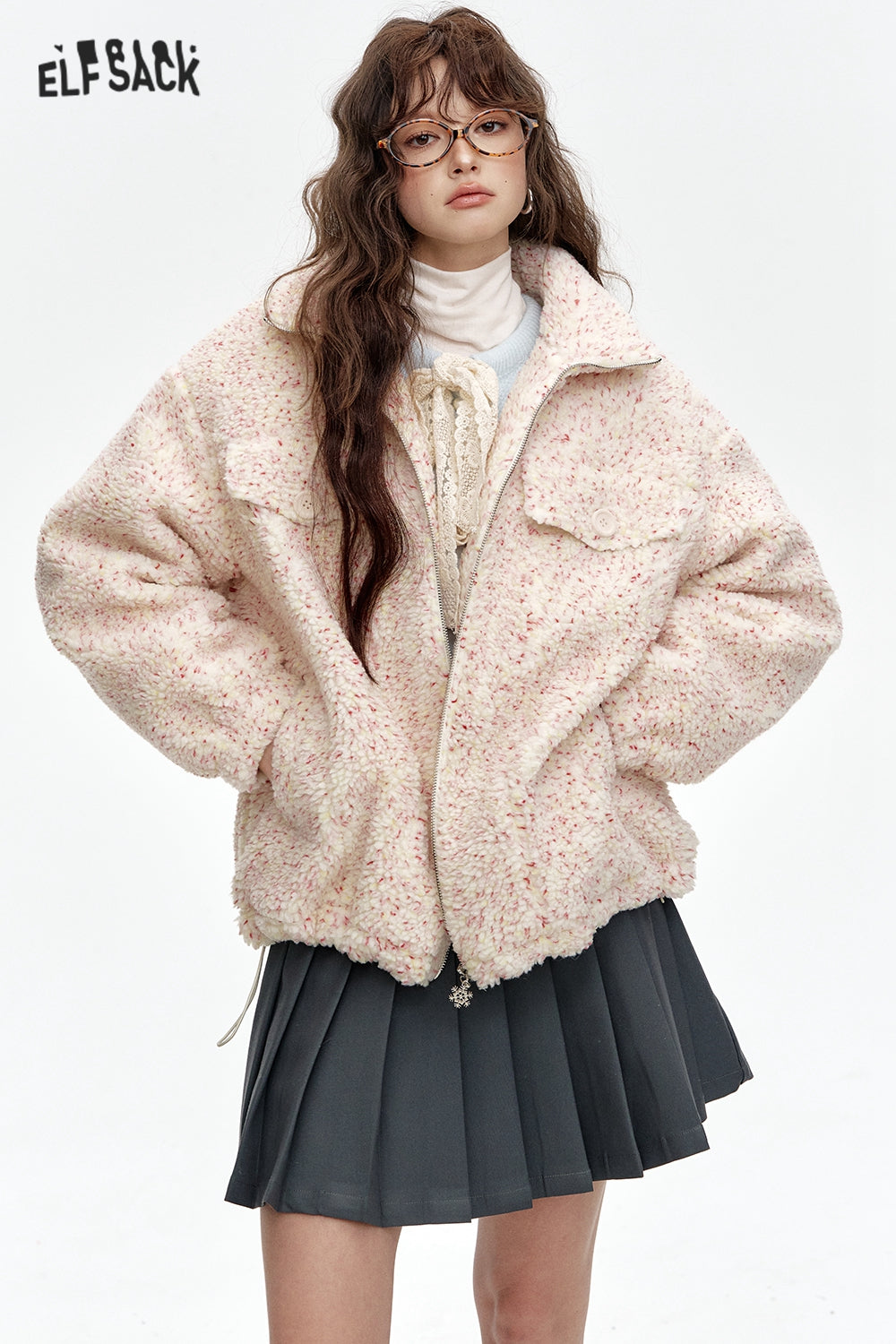 ELFSACK Sweet preppy style colorful faux fur loose thick coat