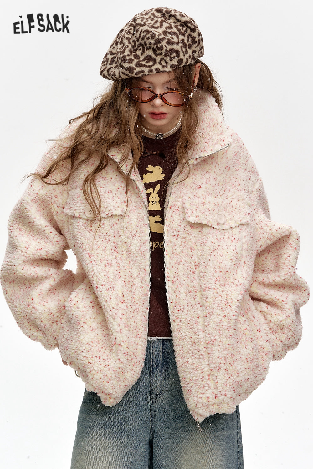 ELFSACK Sweet preppy style colorful faux fur loose thick coat