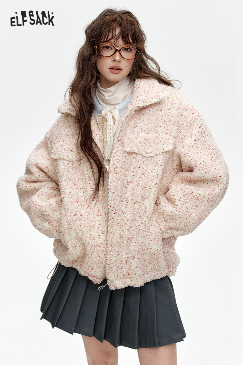 ELFSACK Sweet preppy style colorful faux fur loose thick coat