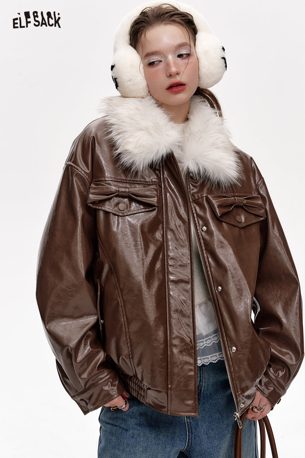 ELFSACK Plush collar spliced PU thick warm coat