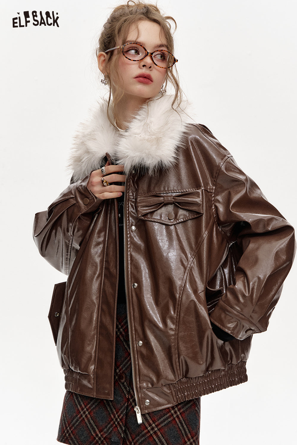ELFSACK Plush collar spliced PU thick warm coat