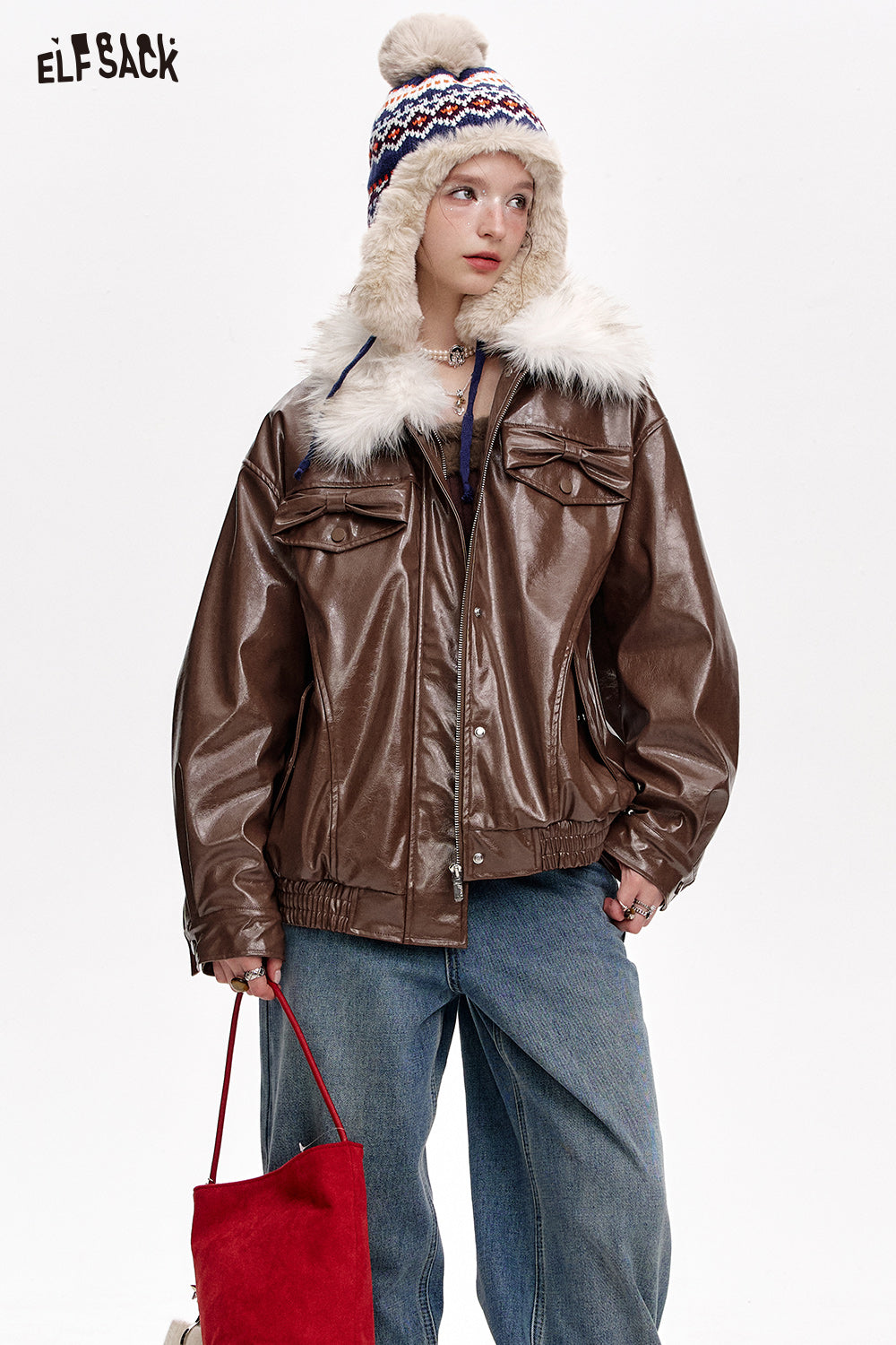 ELFSACK Plush collar spliced PU thick warm coat