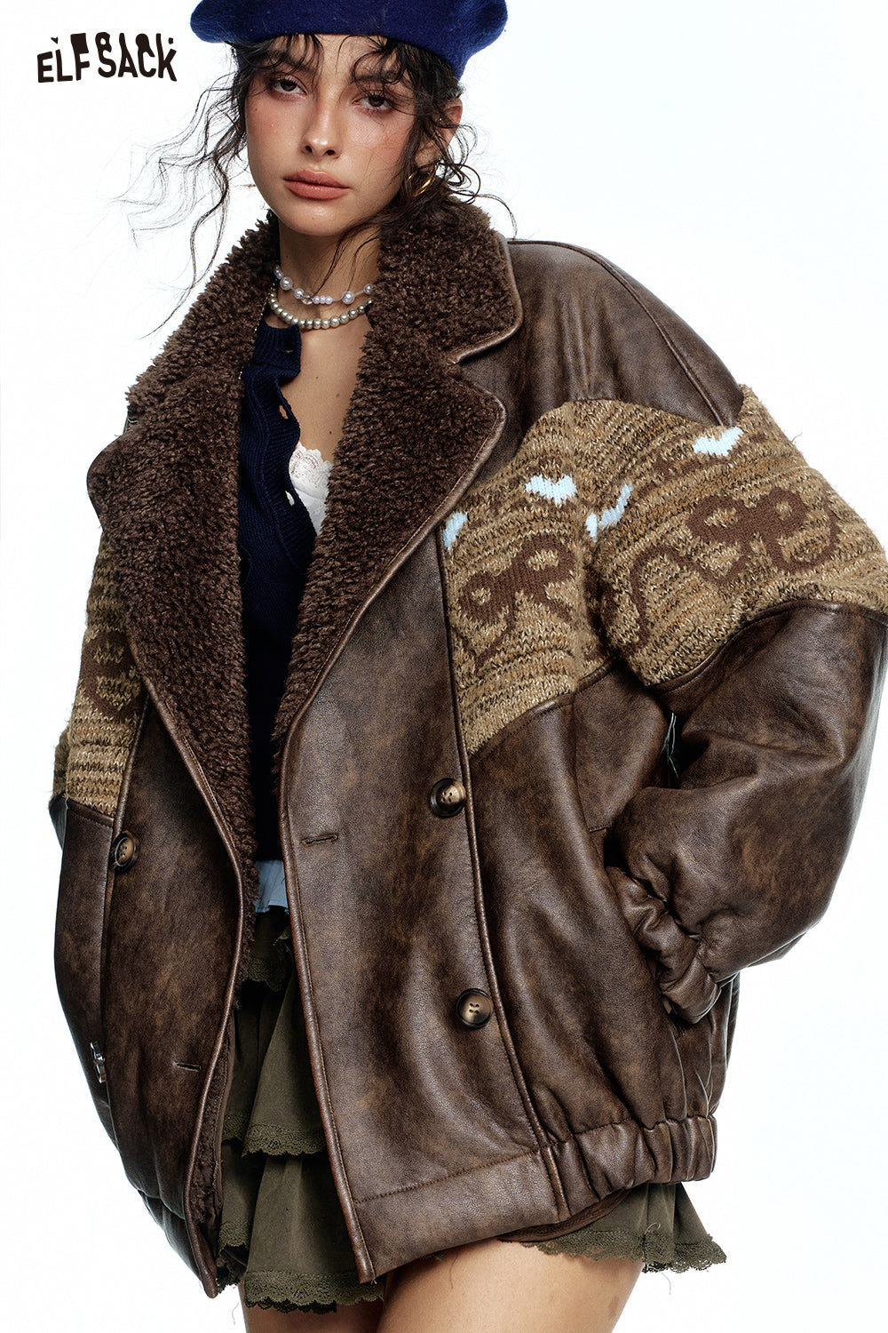 ELFSACK Retro Maillard knitted bow jacquard stitching imitation plush PU jacket