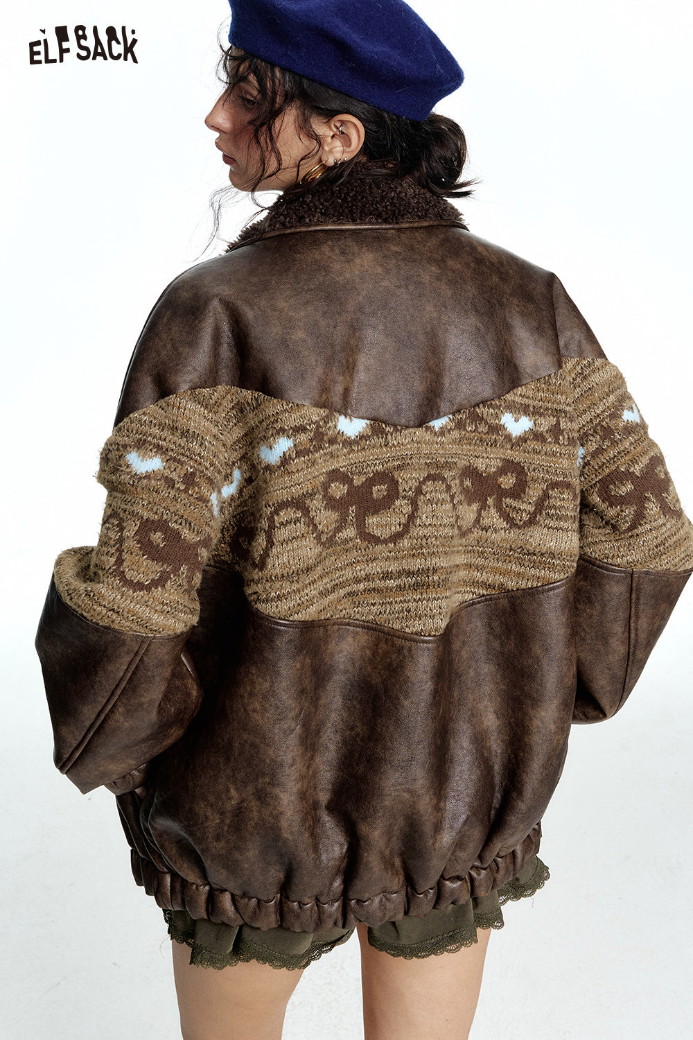 ELFSACK Retro Maillard knitted bow jacquard stitching imitation plush PU jacket