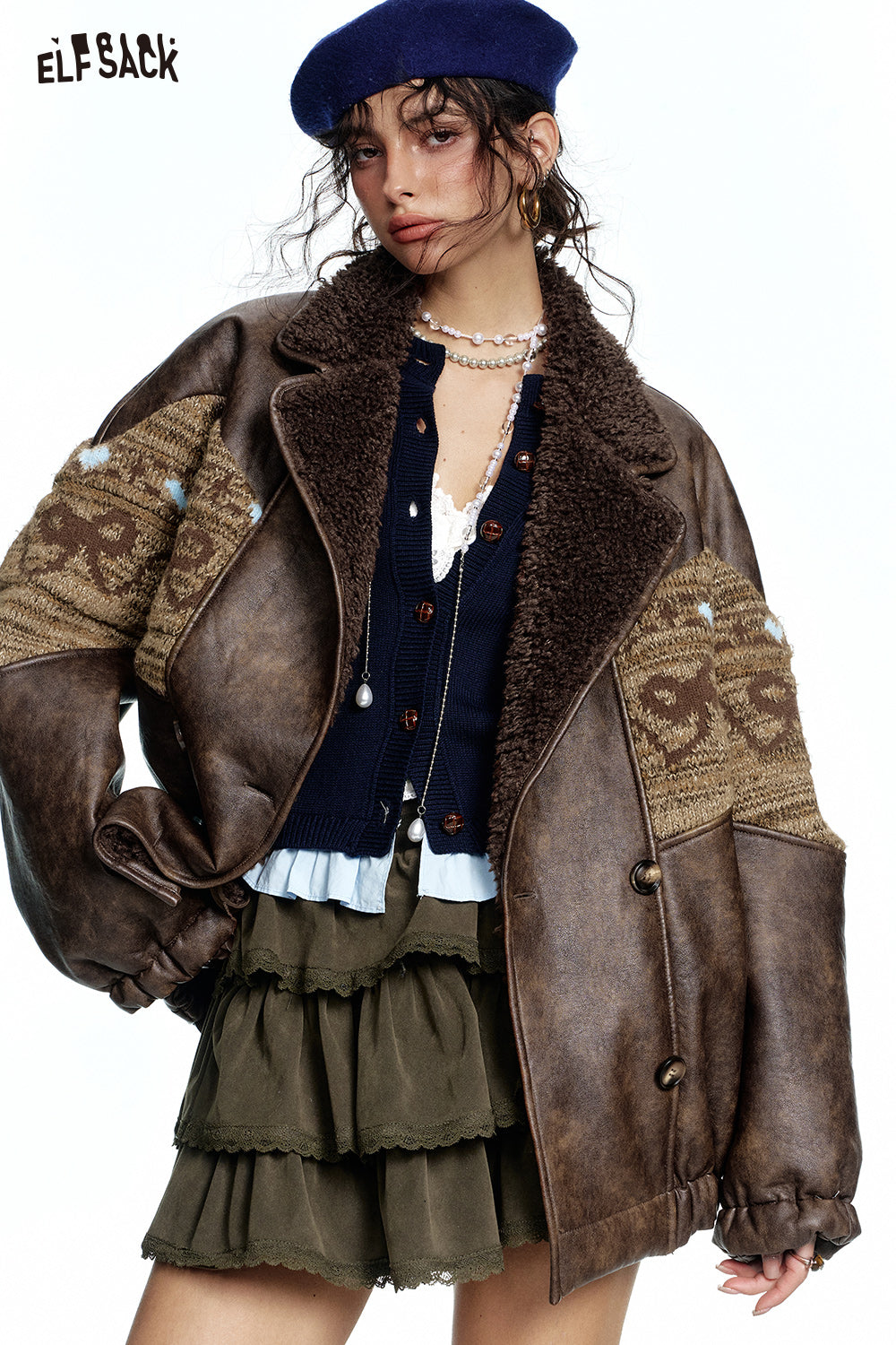 ELFSACK Retro Maillard knitted bow jacquard stitching imitation plush PU jacket