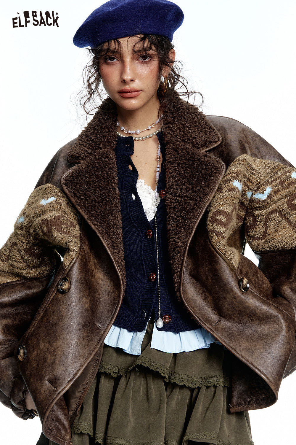 ELFSACK Retro Maillard knitted bow jacquard stitching imitation plush PU jacket