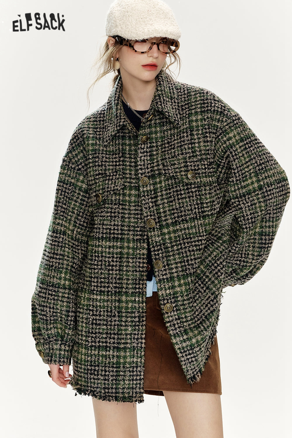 ELFSACK Loose Plaid Single Breasted Thickened Shirt Jacket Women