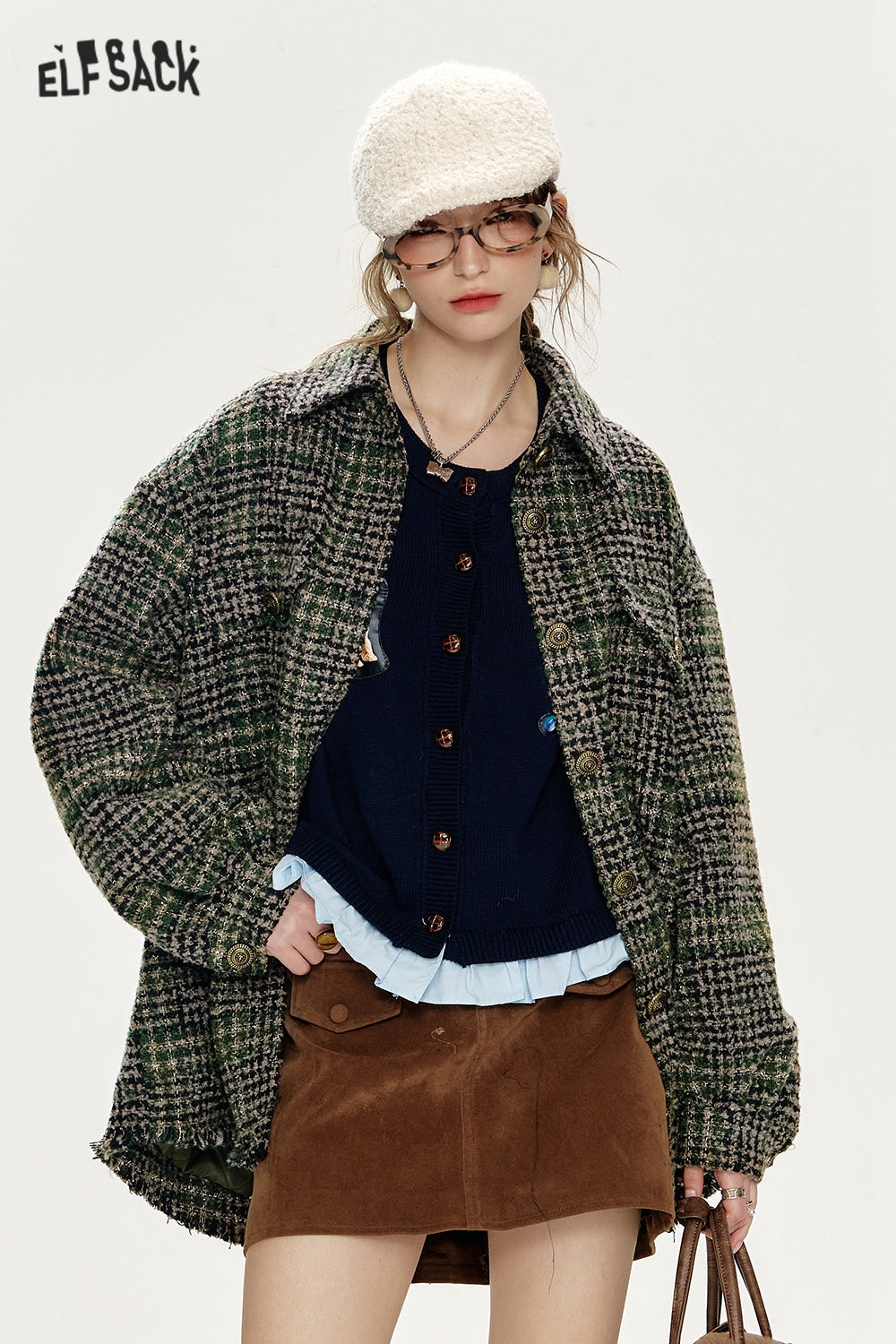 ELFSACK Loose Plaid Single Breasted Thickened Shirt Jacket Women