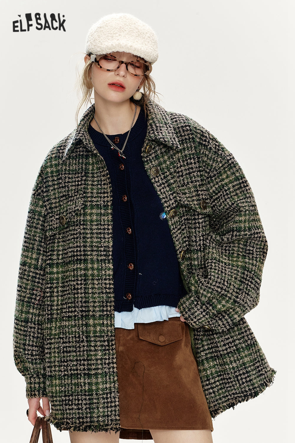 ELFSACK Loose Plaid Single Breasted Thickened Shirt Jacket Women