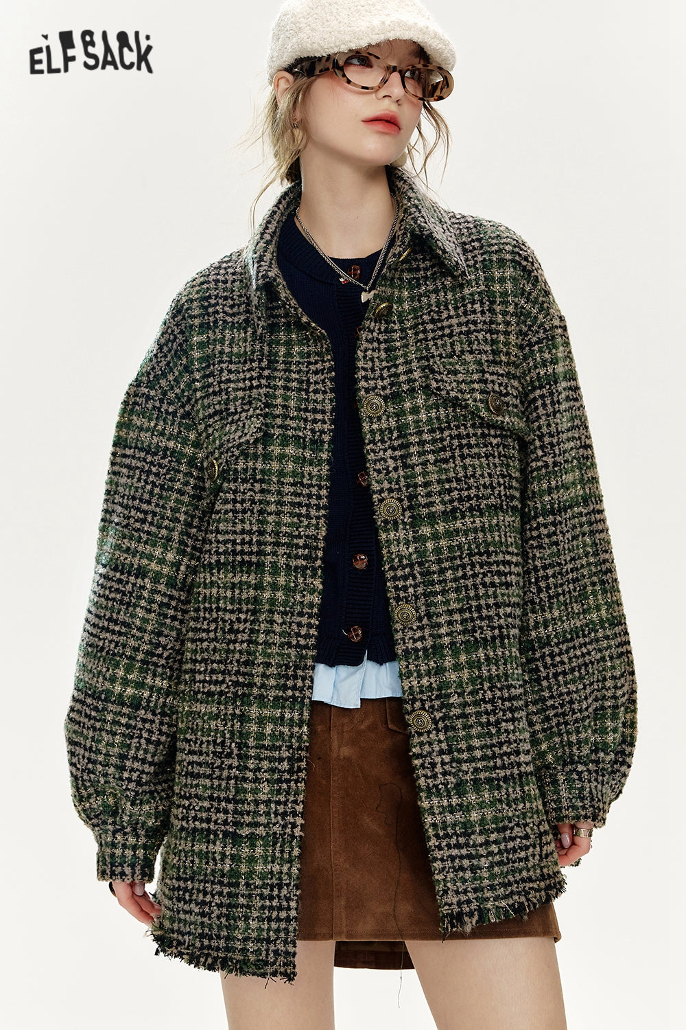 ELFSACK Loose Plaid Single Breasted Thickened Shirt Jacket Women