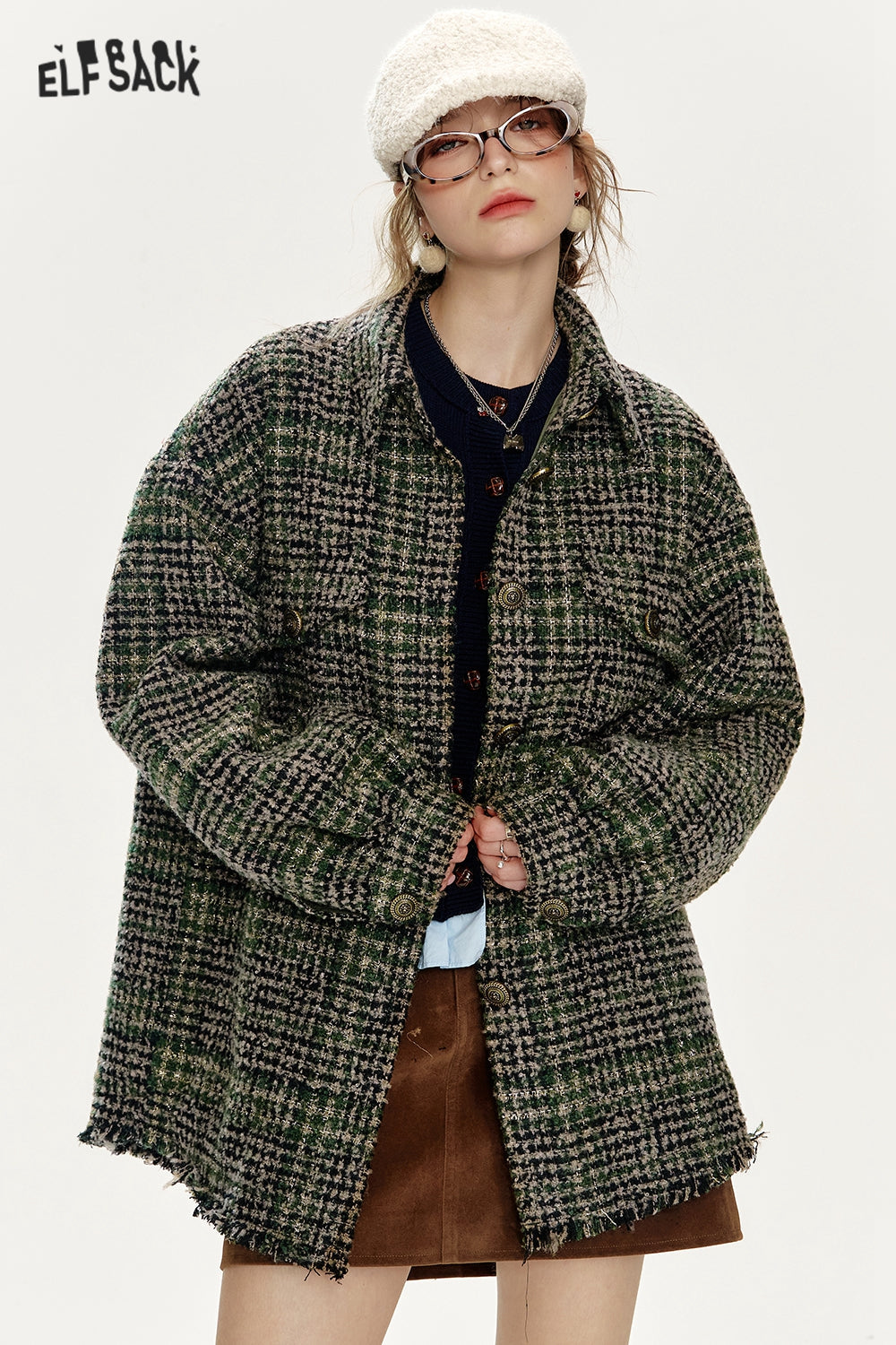 ELFSACK Loose Plaid Single Breasted Thickened Shirt Jacket Women
