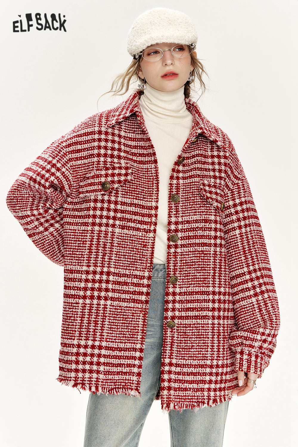 ELFSACK Loose Plaid Single Breasted Thickened Shirt Jacket Women