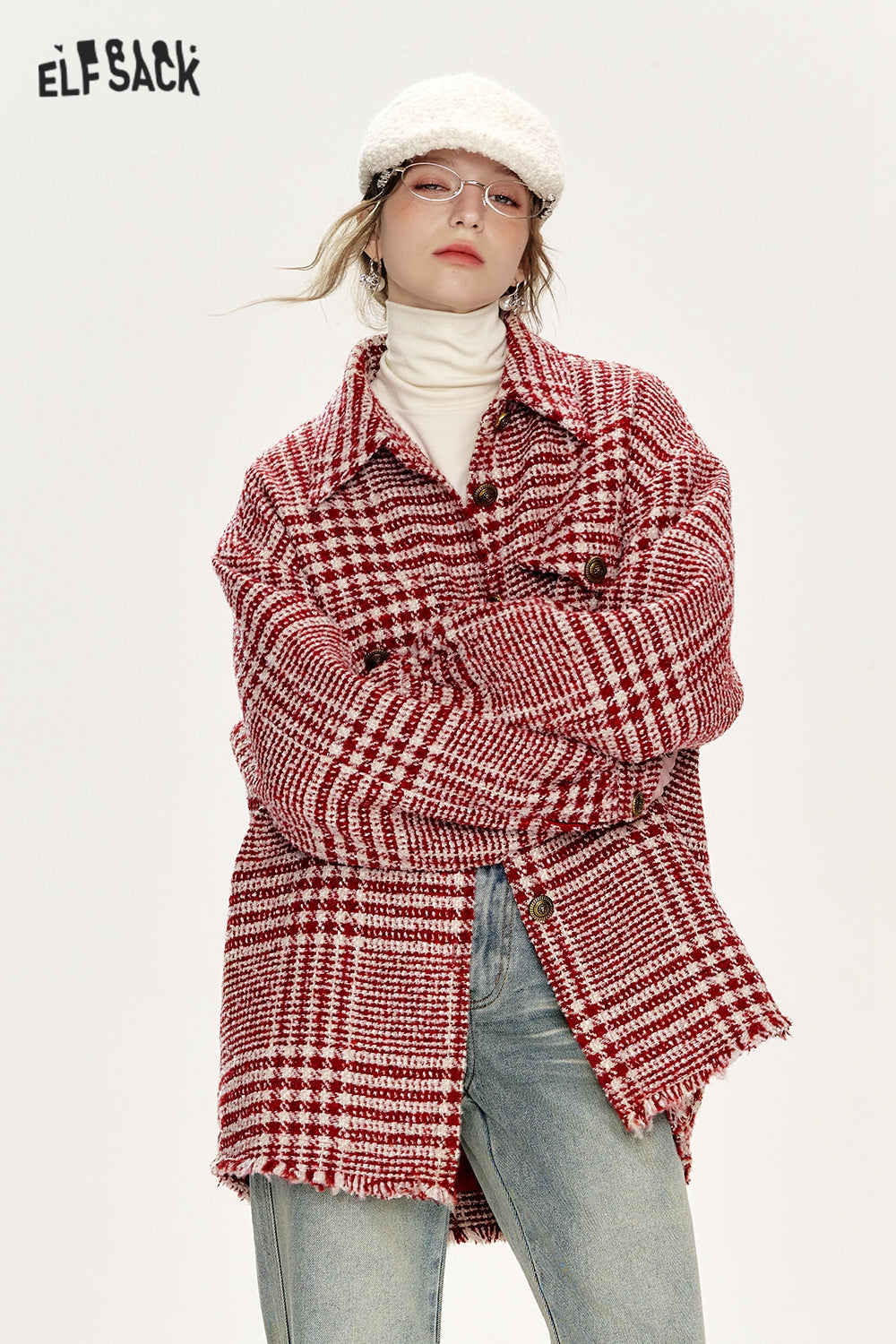 ELFSACK Loose Plaid Single Breasted Thickened Shirt Jacket Women