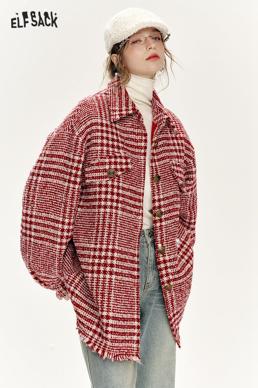 ELFSACK Loose Plaid Single Breasted Thickened Shirt Jacket Women