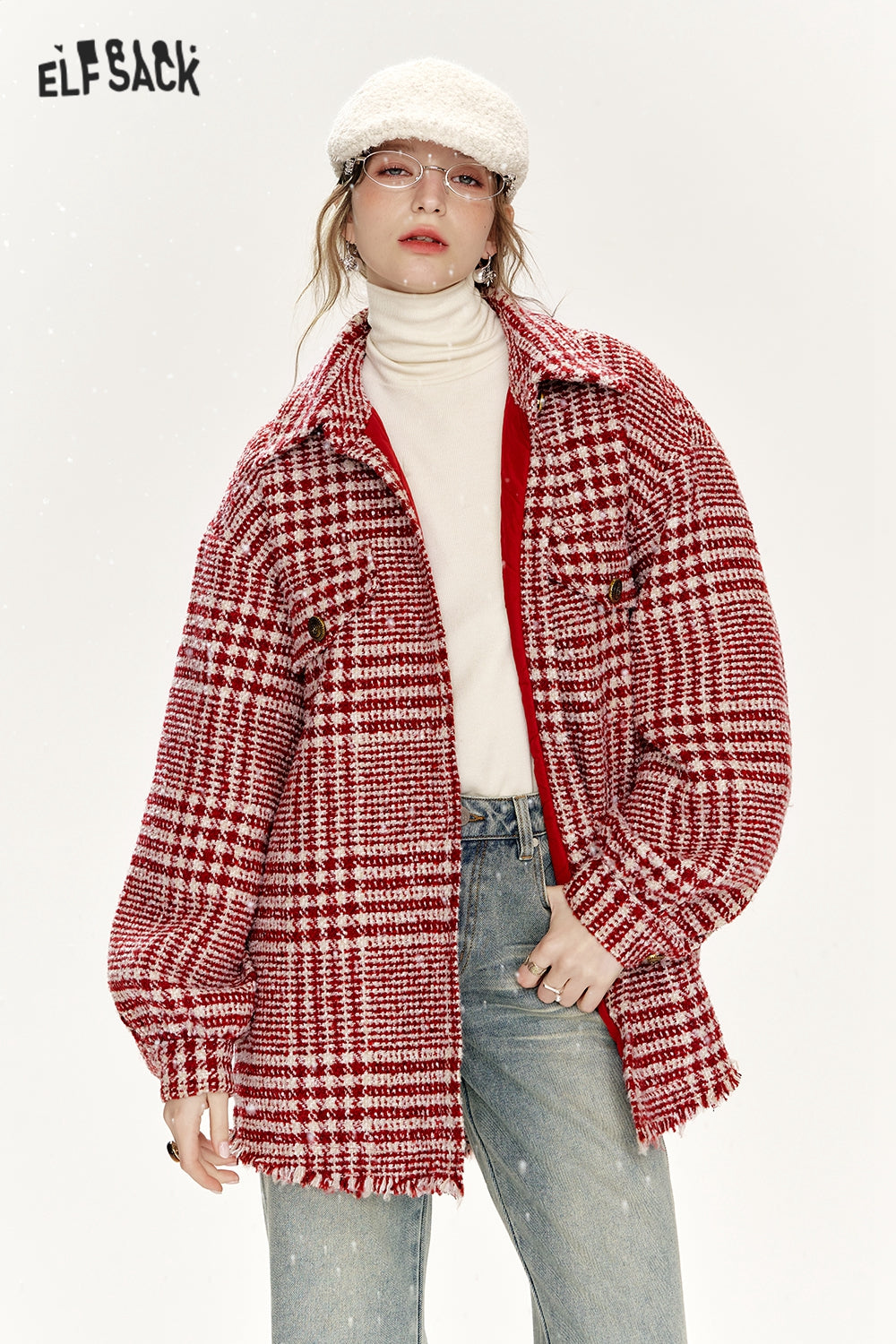 ELFSACK Loose Plaid Single Breasted Thickened Shirt Jacket Women