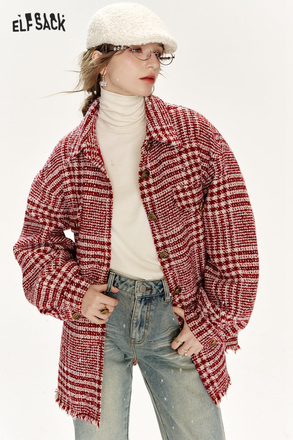 ELFSACK Loose Plaid Single Breasted Thickened Shirt Jacket Women